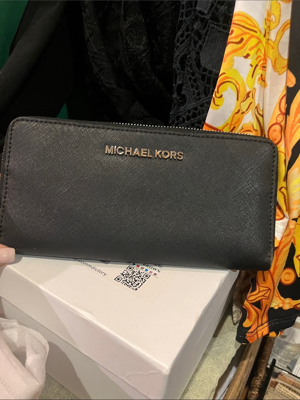 Michael Kors Black Zip-Around Saffiano Wallet with Gold Logo